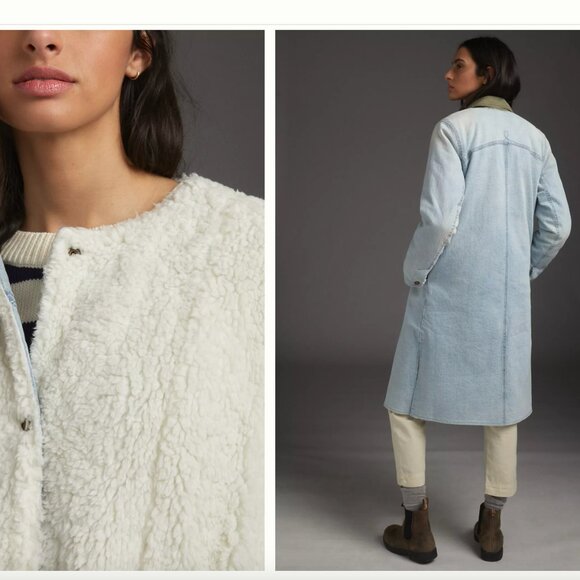 Anthropologie Pilcro Reversible Sherpa Denim Duster Coat Size Small - Picture 2 of 11